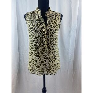 J Crew Women's Size 2 Ivory Tan Black‎ Ruffle Lined Sleeveless Silk Top